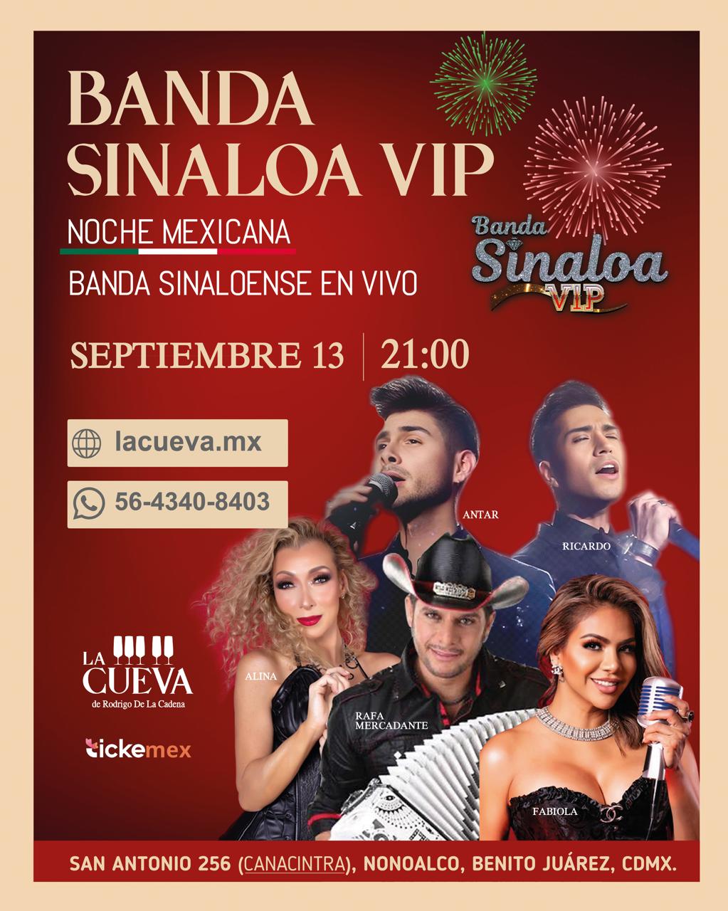 SINALOA VIP se presentará en la CUEVA de Rodrigo de la Cadena como parte de las celebraciones de la noche mexicana