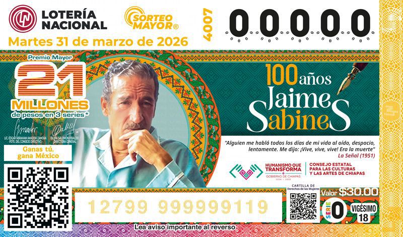 Inicia conmemoración del centenario de Jaime Sabines con sorteo de Lotería y actos culturales