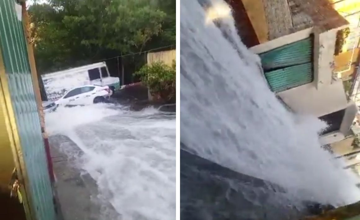 Megafuga de agua genera cascada e inunda calle en Álvaro Obregón