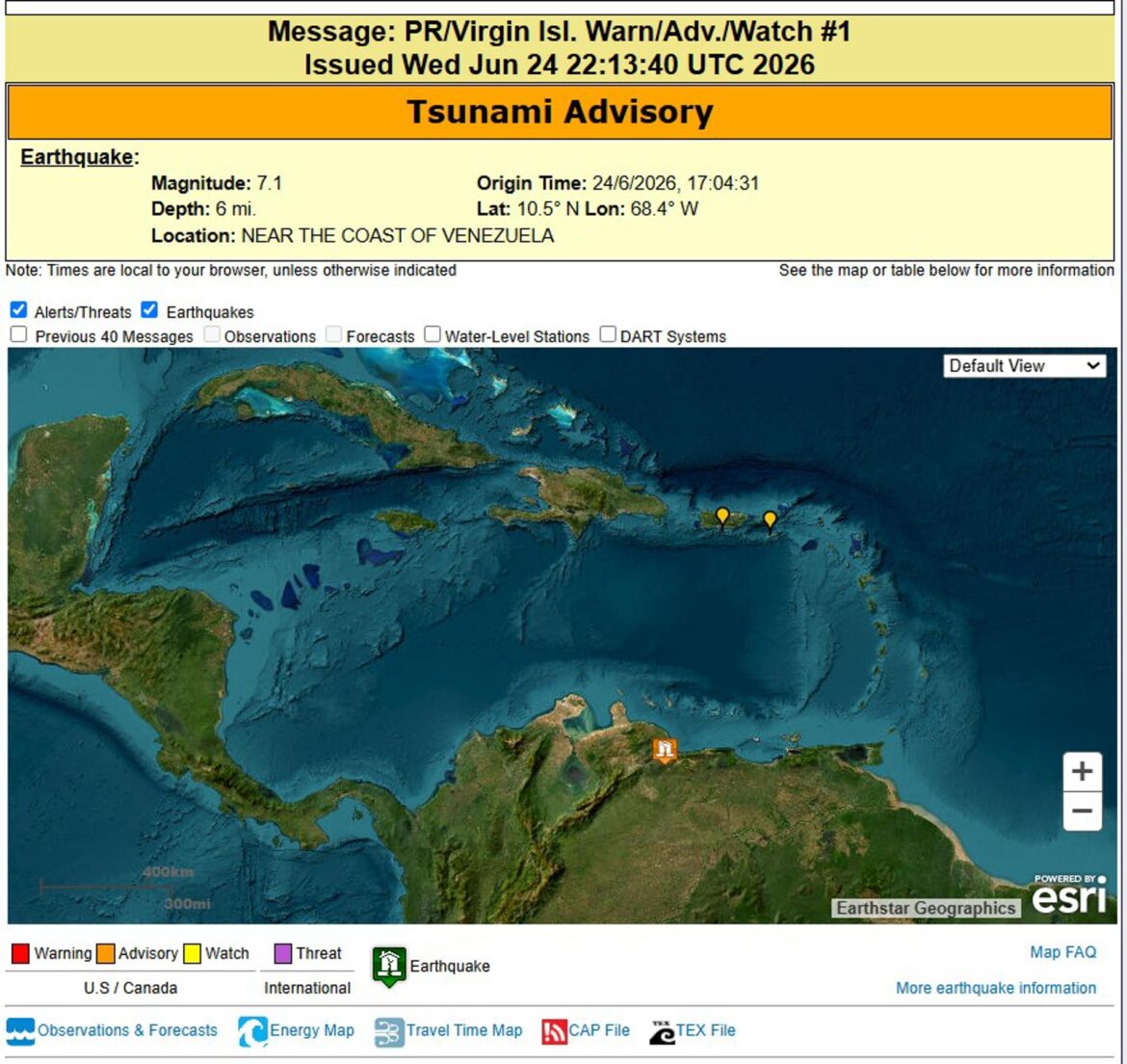 Terremoto de magnitud 7.5 sacude Venezuela y genera alerta de tsunami en el Caribe